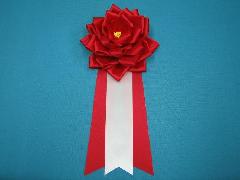 胸につける花リボンバラ章・記章・徽章（大・花径１２ｃｍ）赤/選挙・講演会等で胸につける花